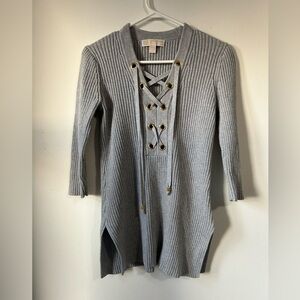 Michael Kors Lace Up Grey 3/4 Sleeve Ribbed  Sweater